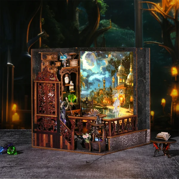 DIY Book Nook Magic Town Wooden Puzzle Light Bookshelf Model Kit - Image 2