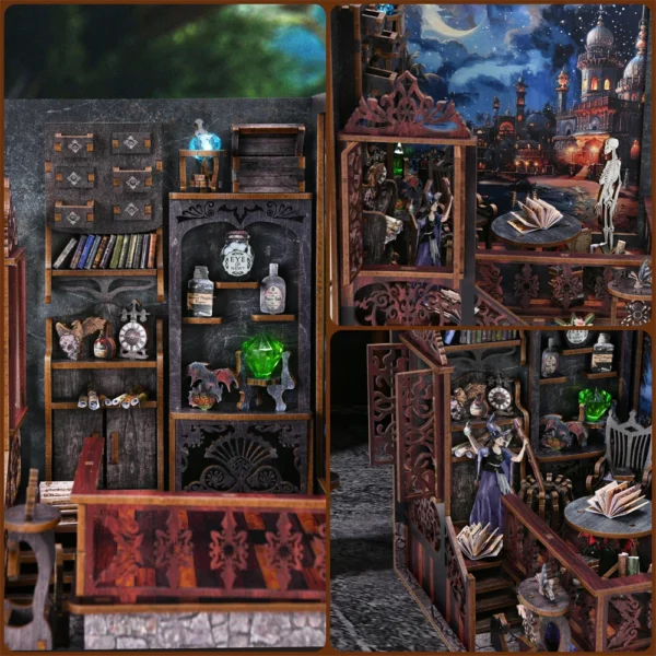 DIY Book Nook Magic Town Wooden Puzzle Light Bookshelf Model Kit - Image 6