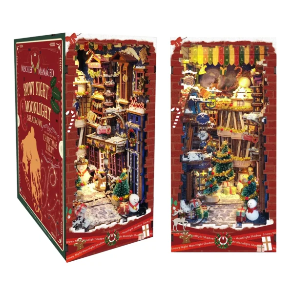DIY Book Nook: Wooden Christmas Shelf Insert Kit with Light Bookends