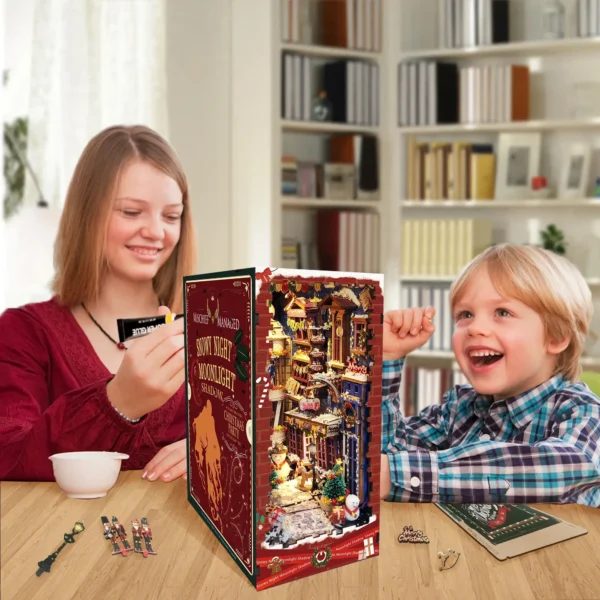 DIY Book Nook: Wooden Christmas Shelf Insert Kit with Light Bookends - Image 4