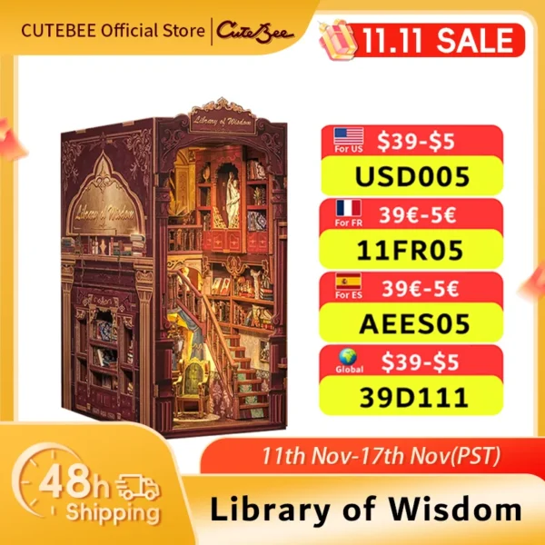 Cutebee DIY Book Nook Kit Miniature Dollhouse with Light Bookshelf Insert