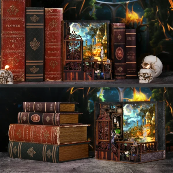 DIY Book Nook Magic Town Wooden Puzzle Light Bookshelf Model Kit - Image 5