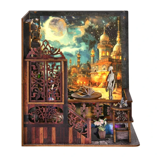 DIY Book Nook Magic Town Wooden Puzzle Light Bookshelf Model Kit - Image 3