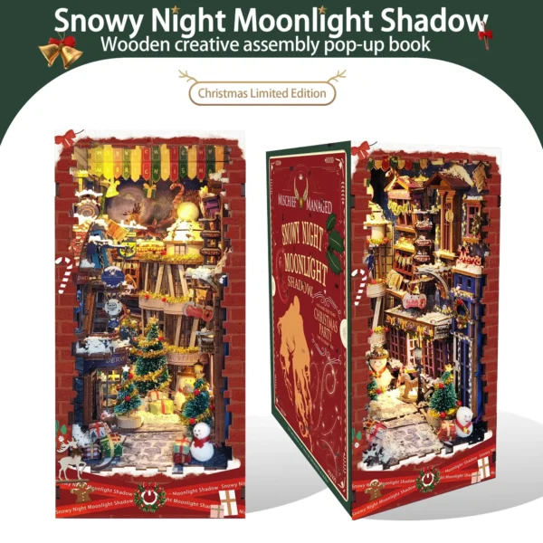 DIY Book Nook: Wooden Christmas Shelf Insert Kit with Light Bookends - Image 3