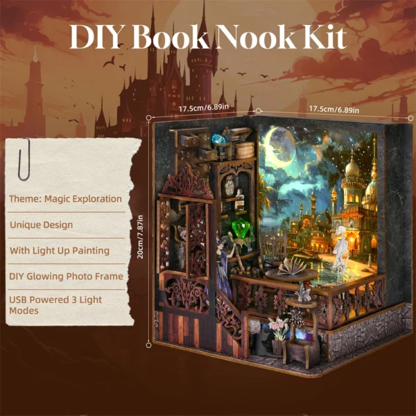 DIY Book Nook Magic Town Wooden Puzzle Light Bookshelf Model Kit - Image 4